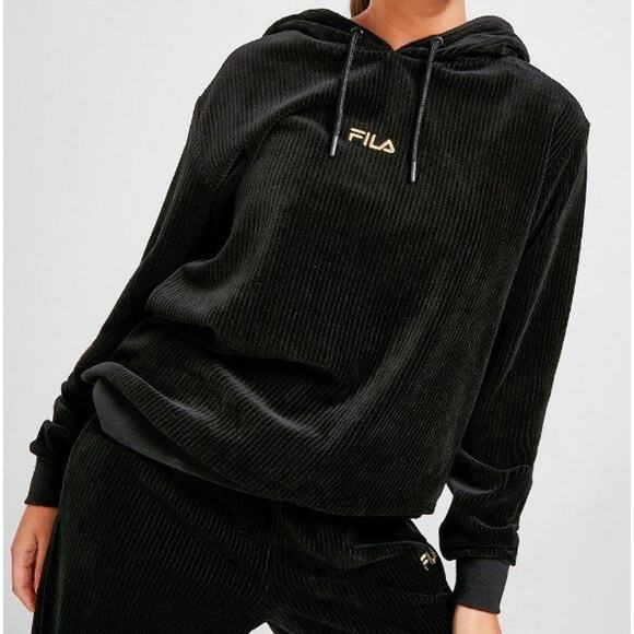 Fila Womens Y2K 00s Hoodie Velvet Ribbed Gold Embroidery Pull Over Black - Picture 5 of 14